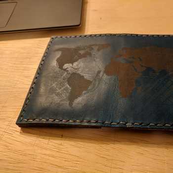 Blue Leather Wallet with World Map engrave